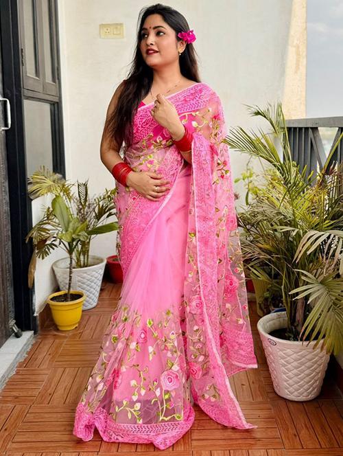 women solid with work embroidered saree with blouse - 22031007 - Very Small Image - 1