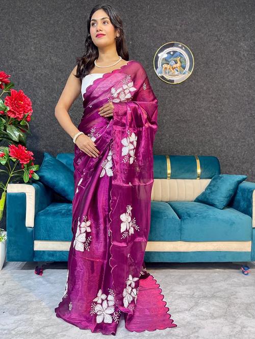 women solid with work embellished saree with blouse - 22031025 - Very Small Image - 1