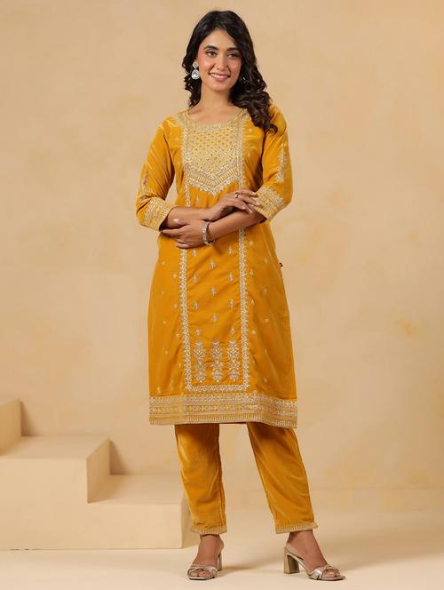 women embroidered round neck kurta and pant set - 22031058 - Very Small Image - 1