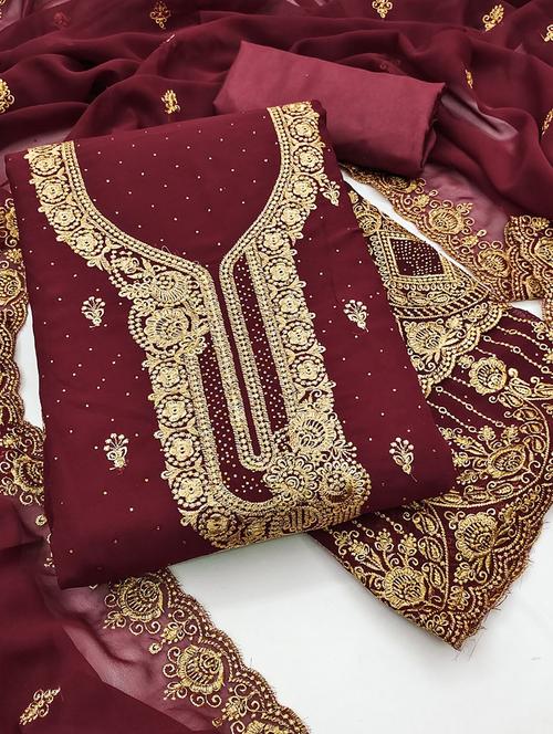 women solid with work embroidered unstitched suit set - 22031639 - Very Small Image - 1