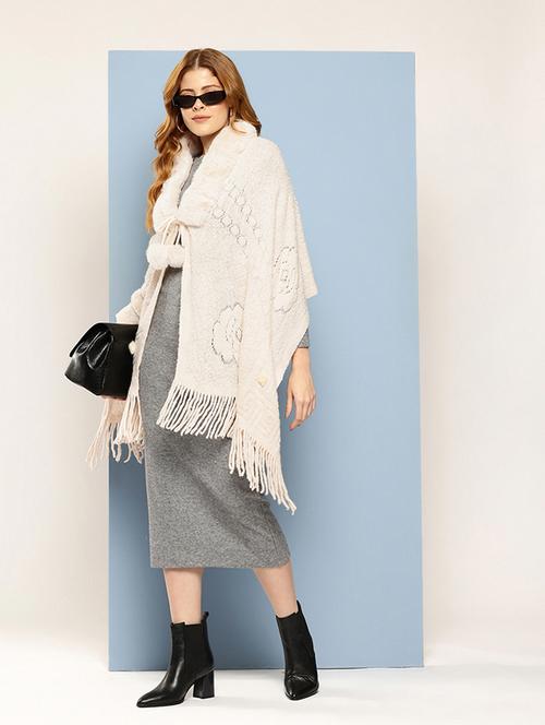 women self designed beige wool poncho - 22033764 - Very Small Image - 1