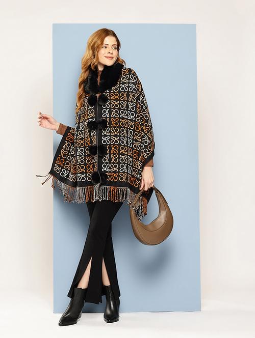 women self designed black wool poncho - 22033767 - Very Small Image - 1