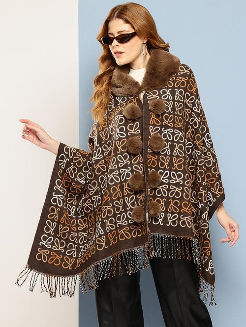 women self designed brown wool poncho - 22033768 - Very Small Image - 1