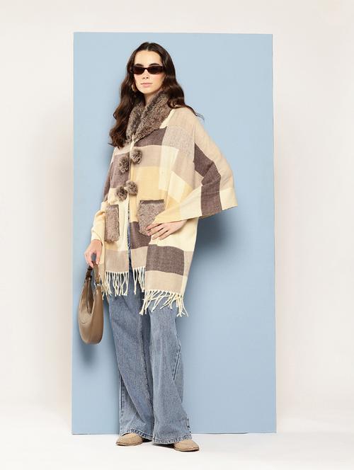 women self designed beige wool poncho - 22033769 - Very Small Image - 1