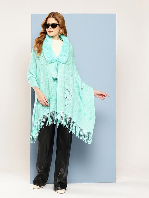 women self designed turquoise wool poncho - 22033770 - Very Small Image - 1