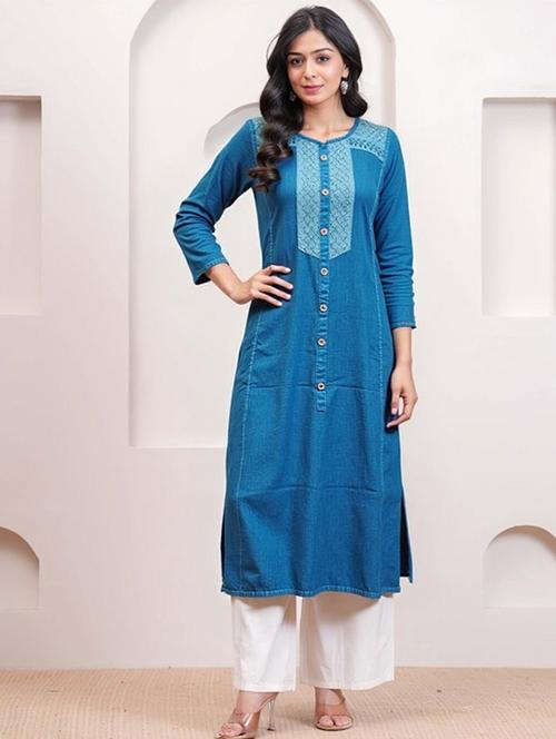 women solid three quarter sleeve straight kurta - 22035235 - Very Small Image - 1