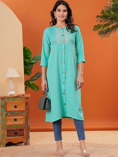 women solid three quarter sleeve straight kurta - 22035269 - Very Small Image - 1