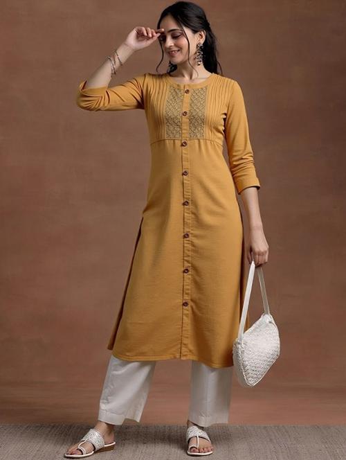 women solid three quarter sleeve straight kurta - 22035277 - Very Small Image - 1