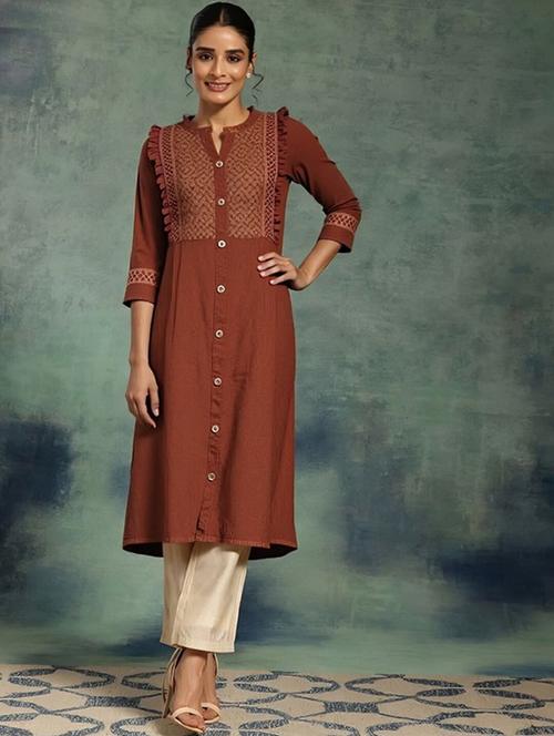 women solid three quarter sleeve straight kurta - 22035281 - Very Small Image - 1