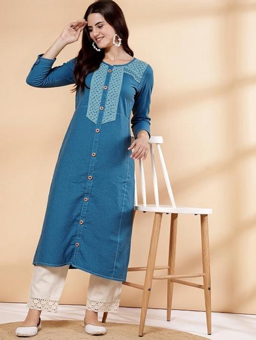 women solid three quarter sleeve straight kurta - 22035282 - Very Small Image - 1