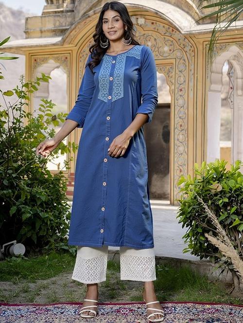 women solid three quarter sleeve straight kurta - 22035290 - Very Small Image - 1