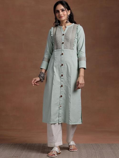 women solid three quarter sleeve straight kurta - 22035292 - Very Small Image - 1