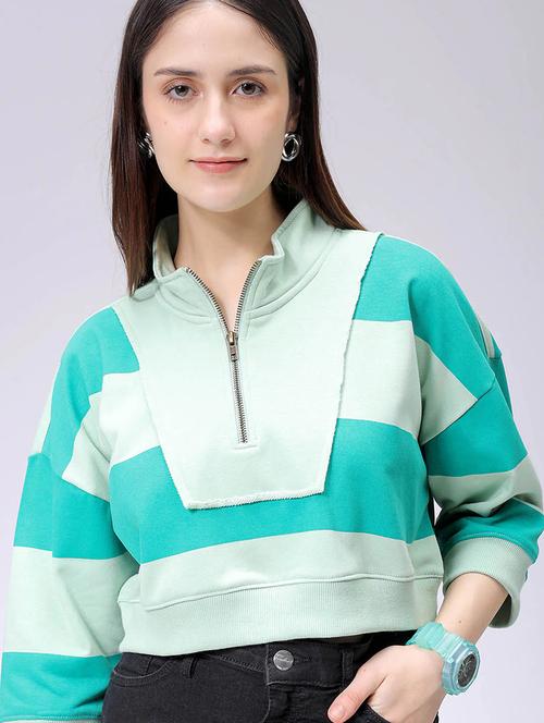 women striped stand collar cropped sweatshirt - 22036503 - Very Small Image - 1