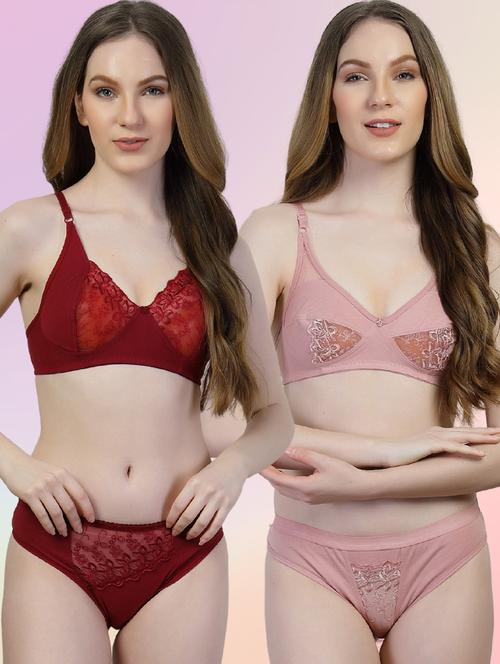 women pack of 2 solid bras and panty set - 22036900 - Very Small Image - 1