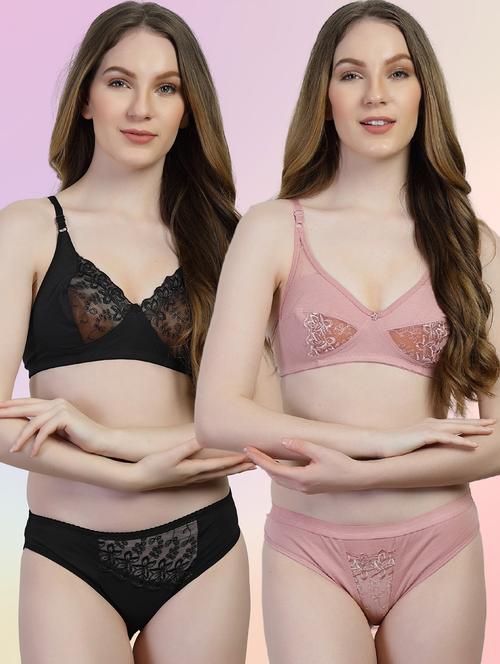 women pack of 2 solid bras and panty set - 22036901 - Very Small Image - 1
