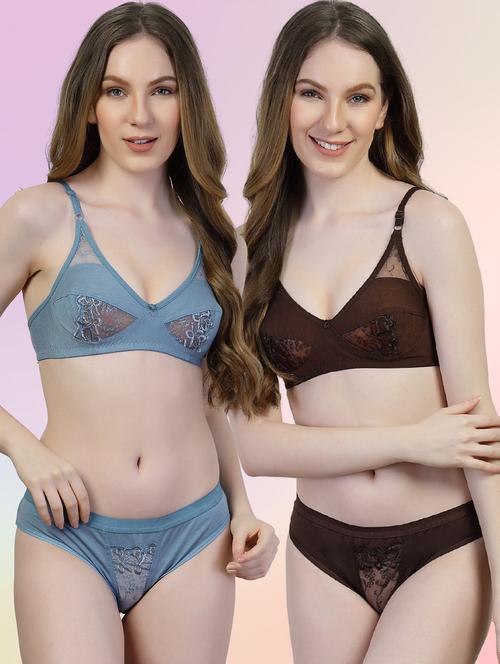 women pack of 2 solid bras and panty set - 22036904 - Very Small Image - 1