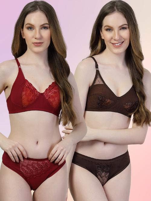 women pack of 2 solid bras and panty set - 22036905 - Very Small Image - 1
