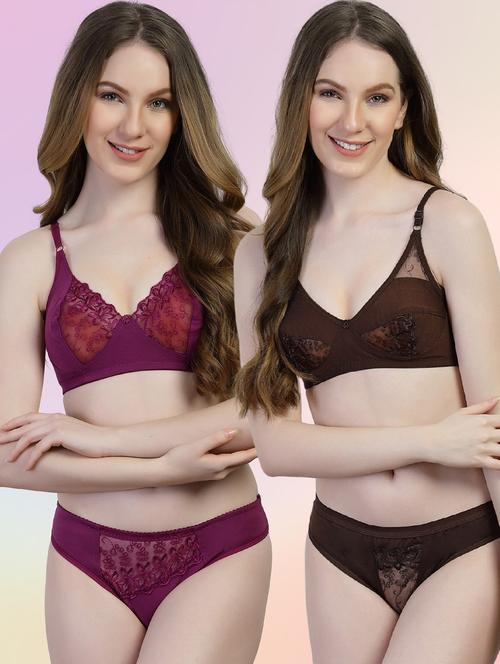 women pack of 2 solid bras and panty set - 22036907 - Very Small Image - 1