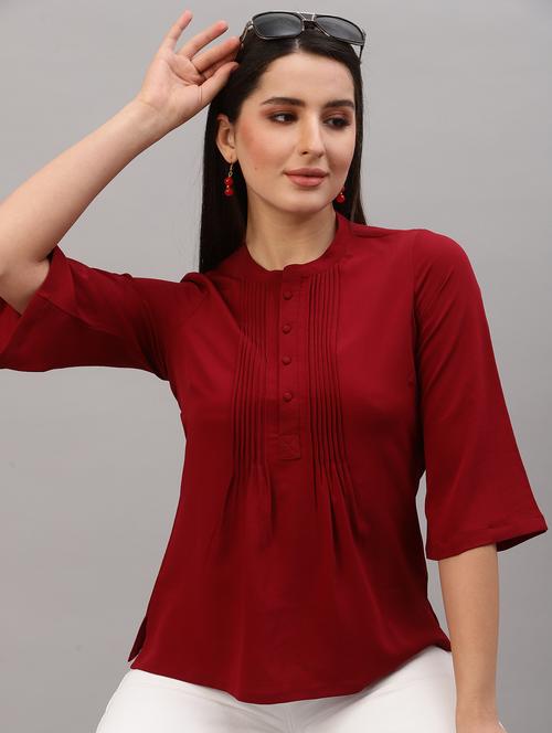 women maroon solid mandarin neck regular top - 22036964 - Very Small Image - 1