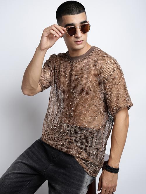 men self designed short sleeve regular fit sheer t-shirt - 22038114 - Very Small Image - 1