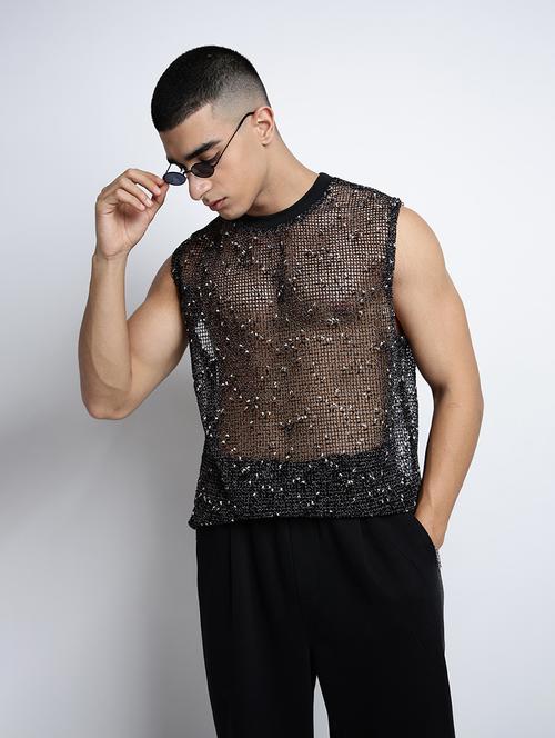 men self designed sleeveless regular fit sheer t-shirt - 22038116 - Very Small Image - 1