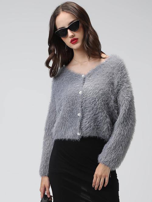 women grey solid long sleeve crop cardigan - 22038237 - Very Small Image - 1