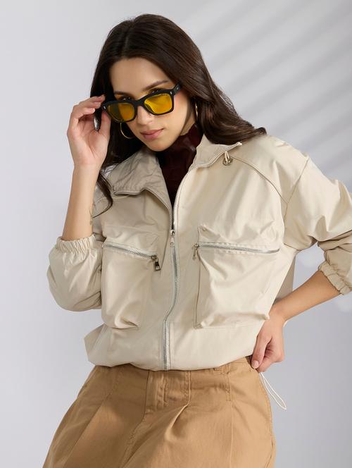 women cream solid long sleeve bomber jacket - 22038250 - Very Small Image - 1