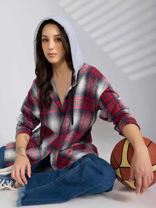 women checkered hooded long sleeve shirt - 22038260 - Very Small Image - 1