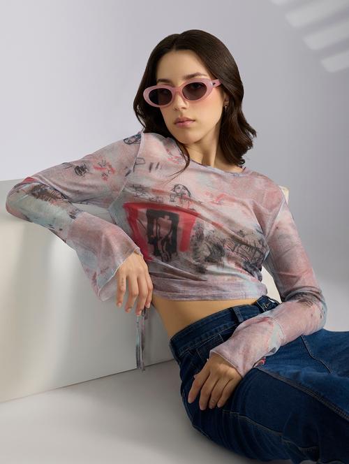 women printed long sleeve sheer ruched top - 22038294 - Very Small Image - 1