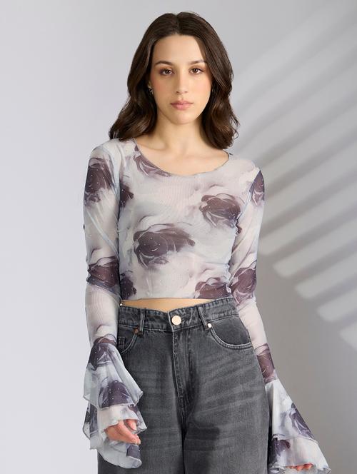 women printed bell sleeve crop top - 22038319 - Very Small Image - 1