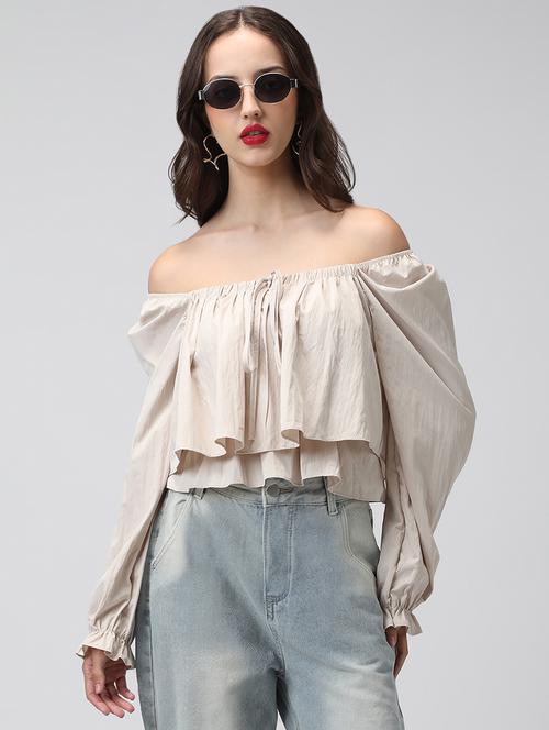 women solid off shoulder long sleeve layered top - 22038327 - Very Small Image - 1