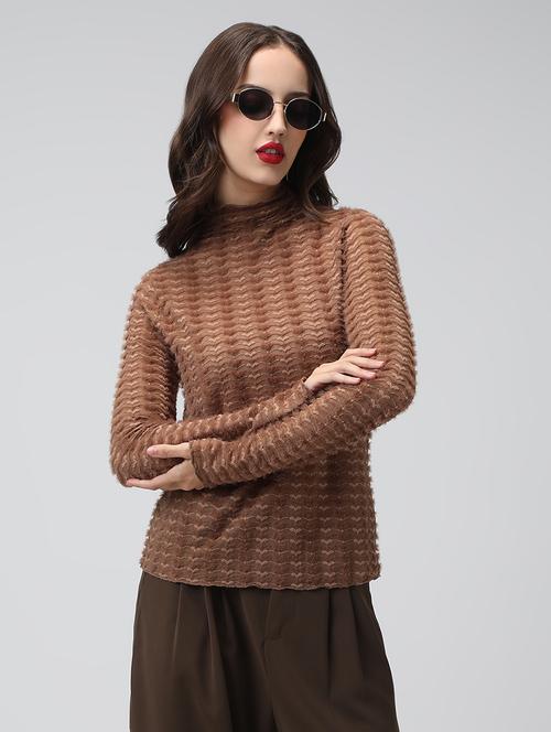 women brown self designed long sleeve top - 22038334 - Very Small Image - 1