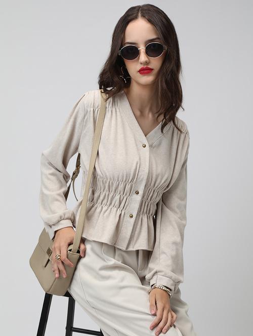 women grey solid long sleeve crop top - 22038336 - Very Small Image - 1