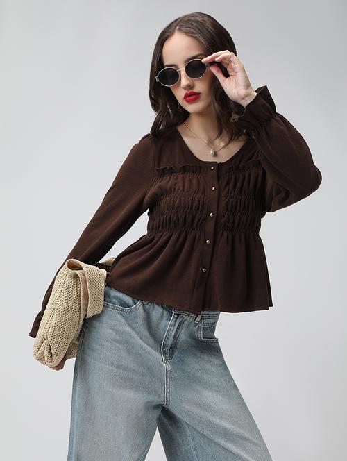 women brown solid long sleeve peplum top - 22038337 - Very Small Image - 1