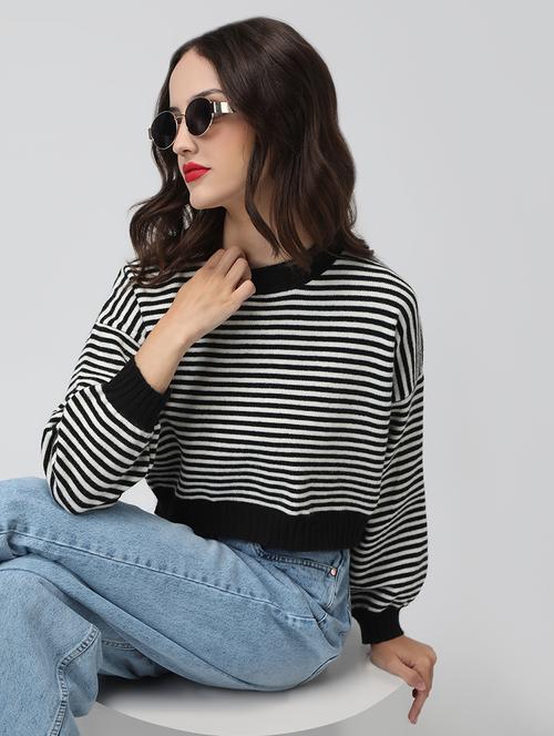 women striped long sleeve cropped pullover - 22038355 - Very Small Image - 1