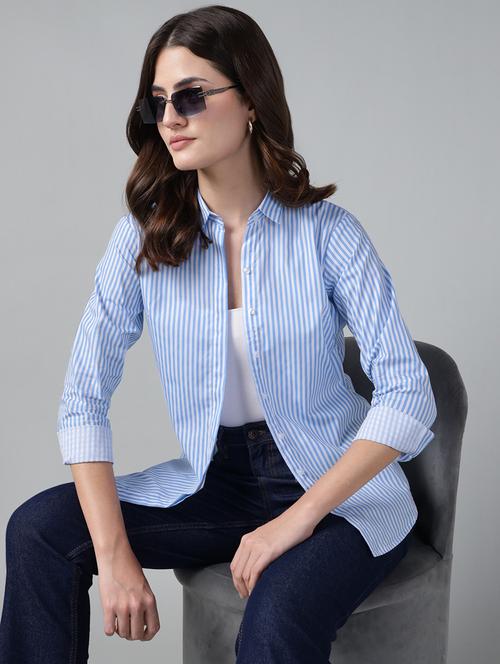 Women Striped Collared Long Sleeve Shirt - 22038531 - Very Small Image - 1