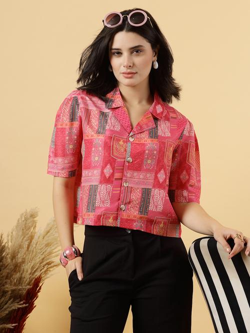 women printed short sleeve ethnic crop top - 22040817 - Very Small Image - 1
