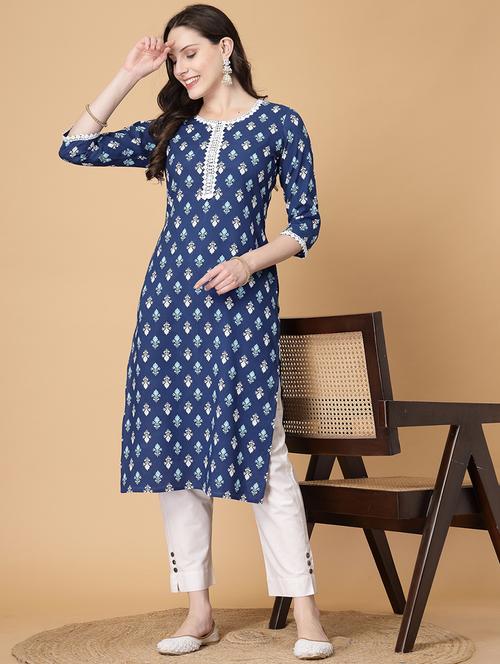 women printed three quarter sleeve straight kurta - 22040909 - Very Small Image - 1