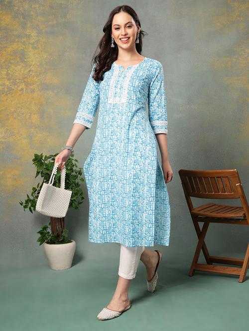 women printed three quarter sleeve straight kurta - 22040992 - Very Small Image - 1