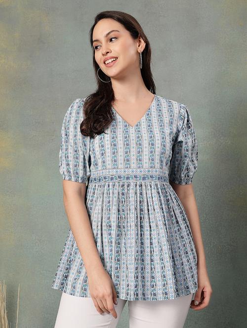 women printed puff sleeve flaerd top - 22041008 - Very Small Image - 1