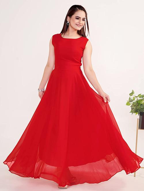 women solid sleeveless fit & flare stitched gown - 22041414 - Very Small Image - 1