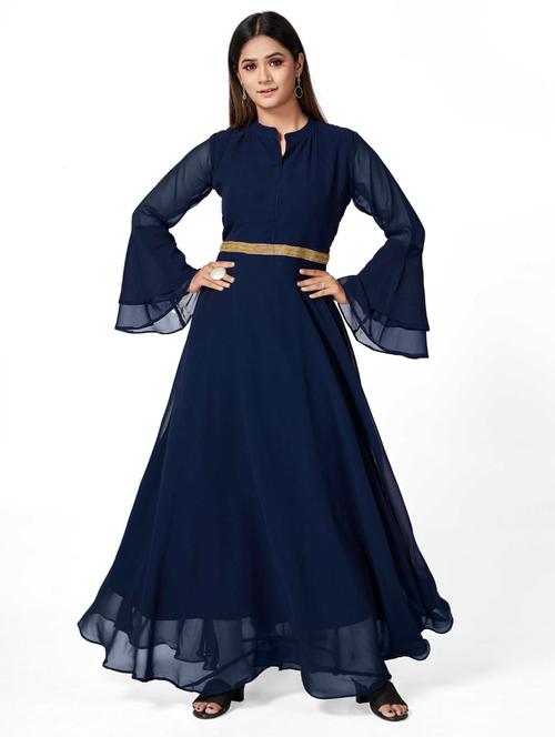 women solid bell sleeve fit & flare gown - 22041417 - Very Small Image - 1