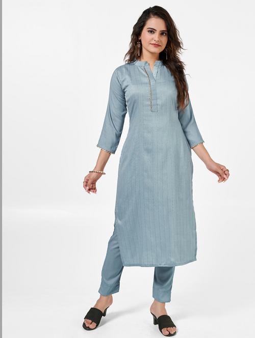 women solid three quarter sleeve kurta and pant set - 22042226 - Very Small Image - 1