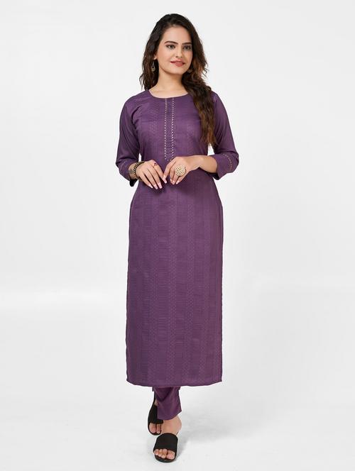 women solid three quarter sleeve kurta and pant set - 22042227 - Very Small Image - 1