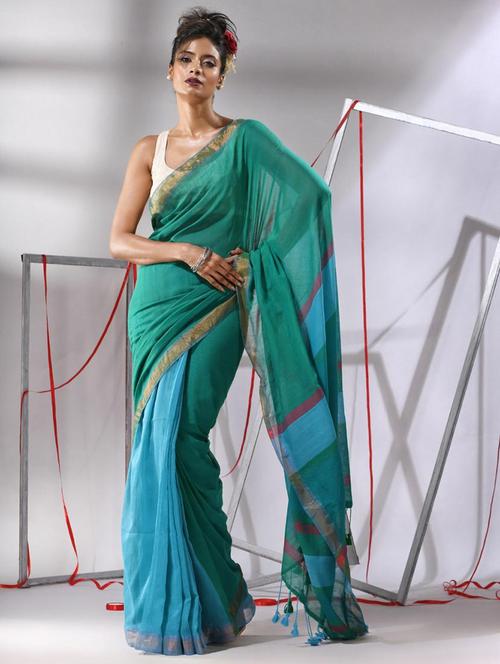 women teal handloom saree with blouse - 22043333 - Very Small Image - 1