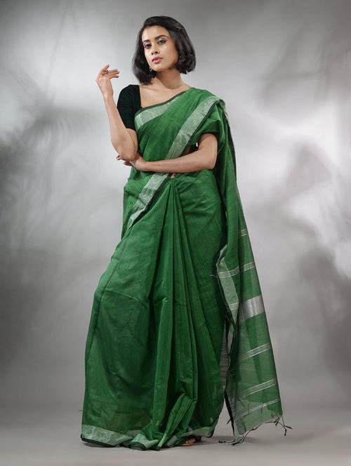 women solid with bordered handloom saree with blouse - 22046082 - Very Small Image - 1