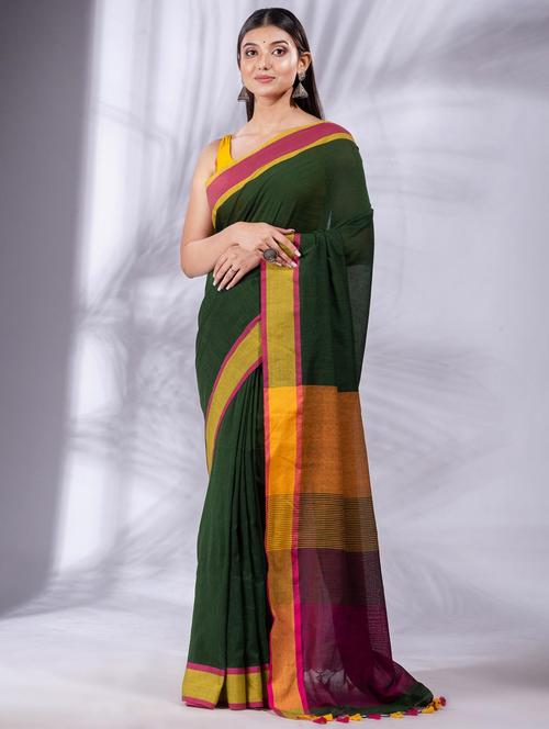women solid with bordered handloom saree with blouse - 22046131 - Very Small Image - 1