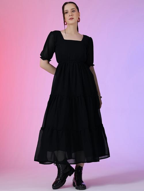 women solid puff sleeve tiered dress - 22051789 - Very Small Image - 1