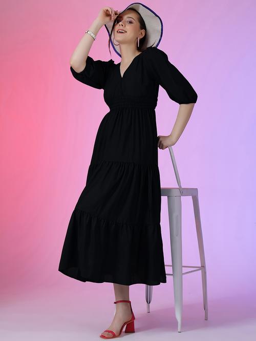 women solid puff sleeve tiered dress - 22051799 - Very Small Image - 1