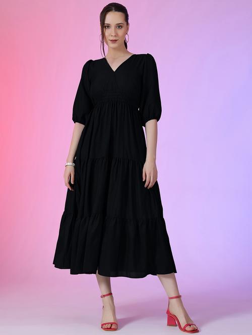 women solid puff sleeve tiered dress - 22051801 - Very Small Image - 1